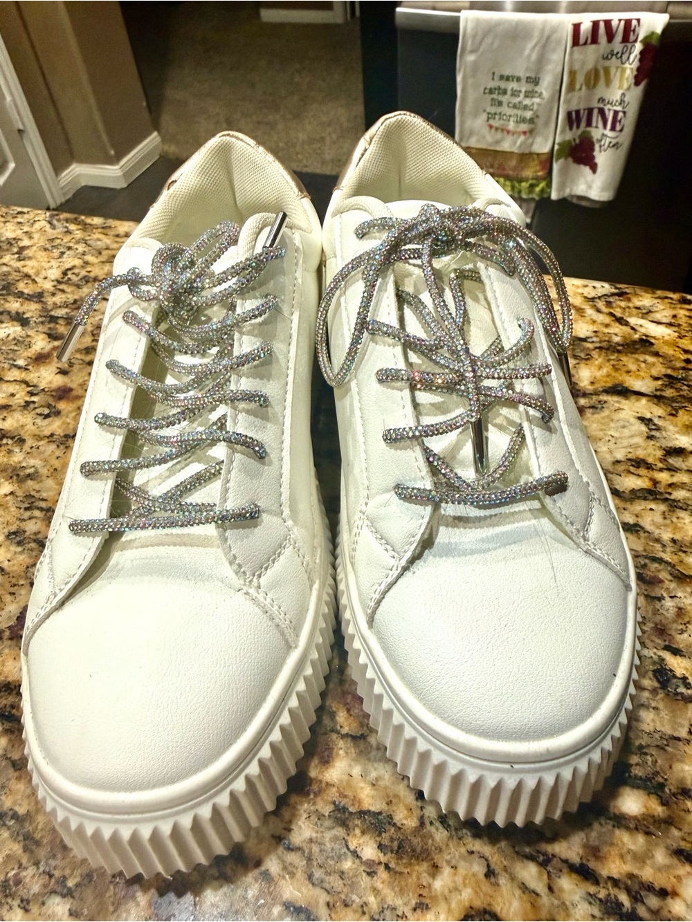 Taryn Rose White Platform Sneakers with Iridescent Sparkle Laces